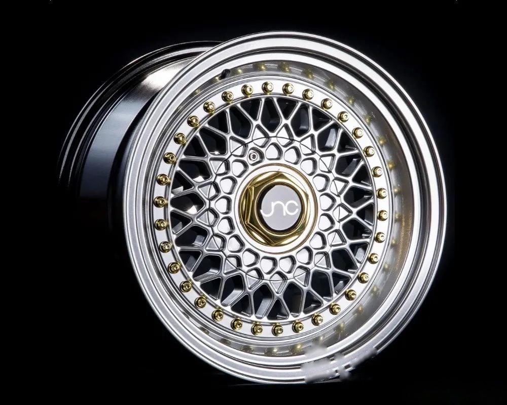 JNC JNC004S Wheel 15x8 4x100|4x114.3 20mm Silver w/ Machined Lip & Gold Rivets