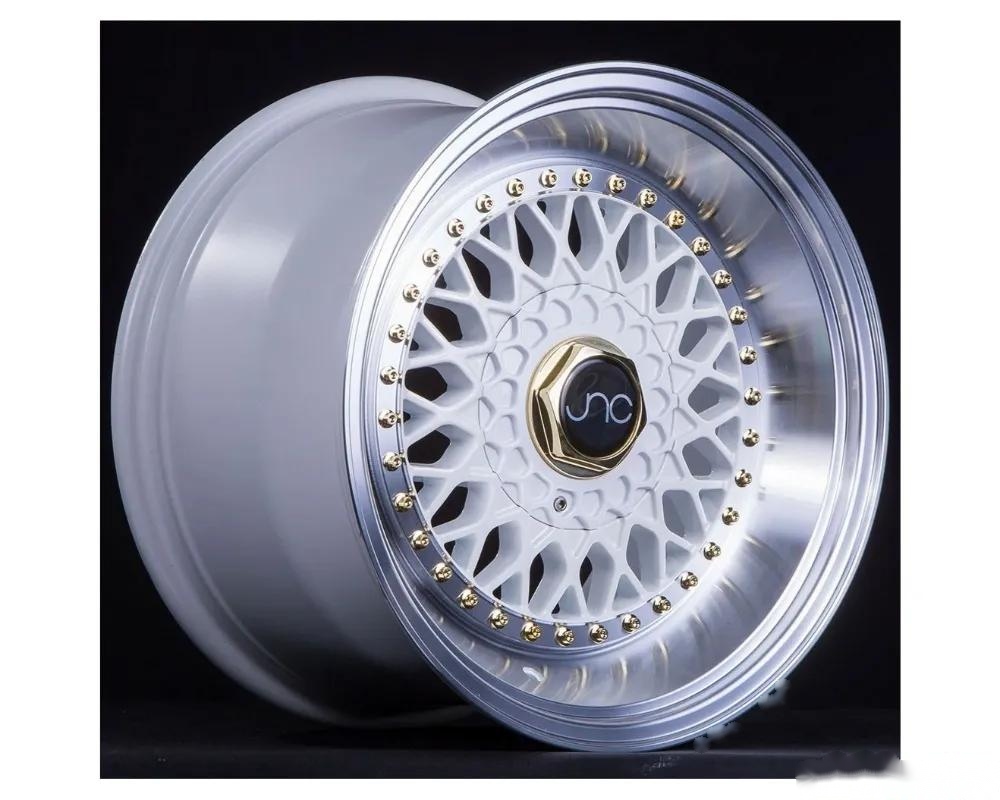 JNC JNC004S Wheel 15x8 4x100|4x114.3 20mm White w/ Machined Lip & Gold Rivets