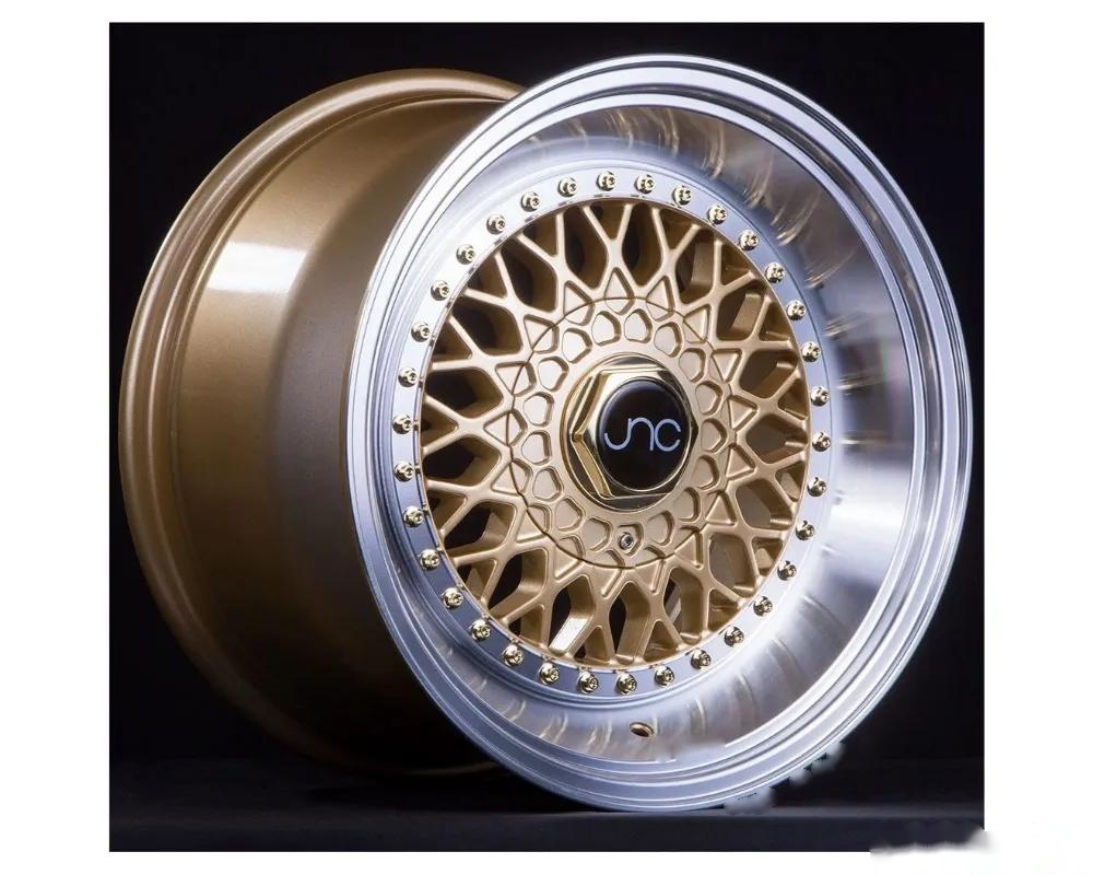 JNC JNC004S Wheel 17x8.5 4x100|4x114.3 15mm Gold w/ Machined Lip & Gold Rivets